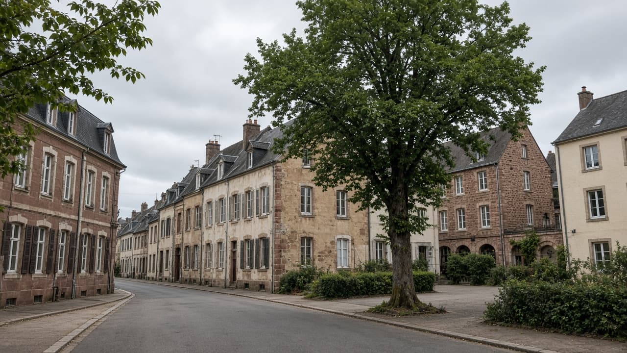 Illustration d'une rue calme bordée de maisons en pierre, photo d'illustration