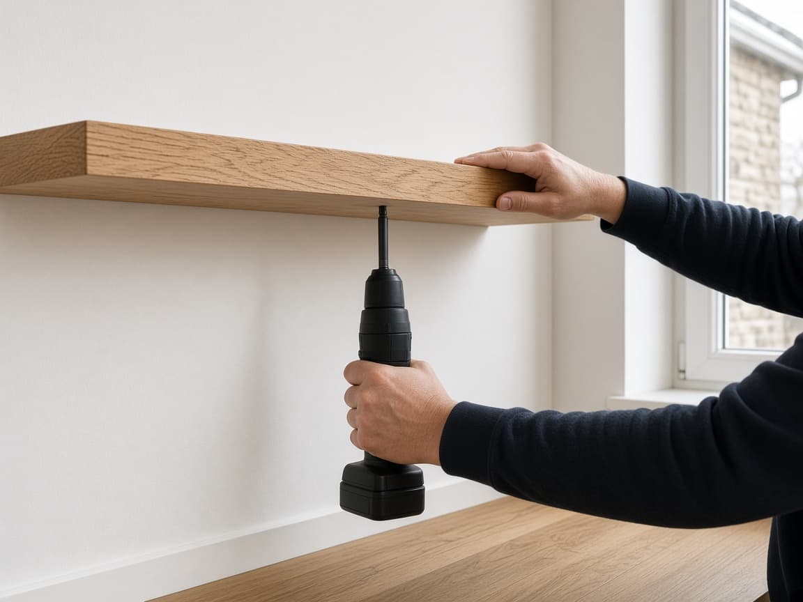 Étagère en chêne en cours de fixation sur un mur clair, photo d'illustration