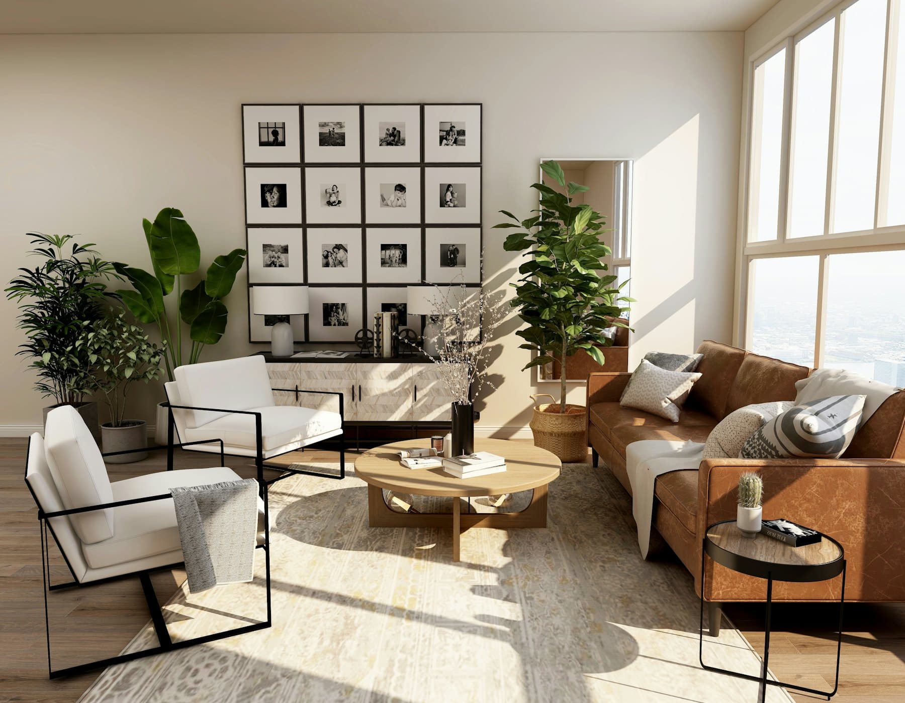 Salon lumineux avec canapé clair et grande fenêtre, photo d'illustration
