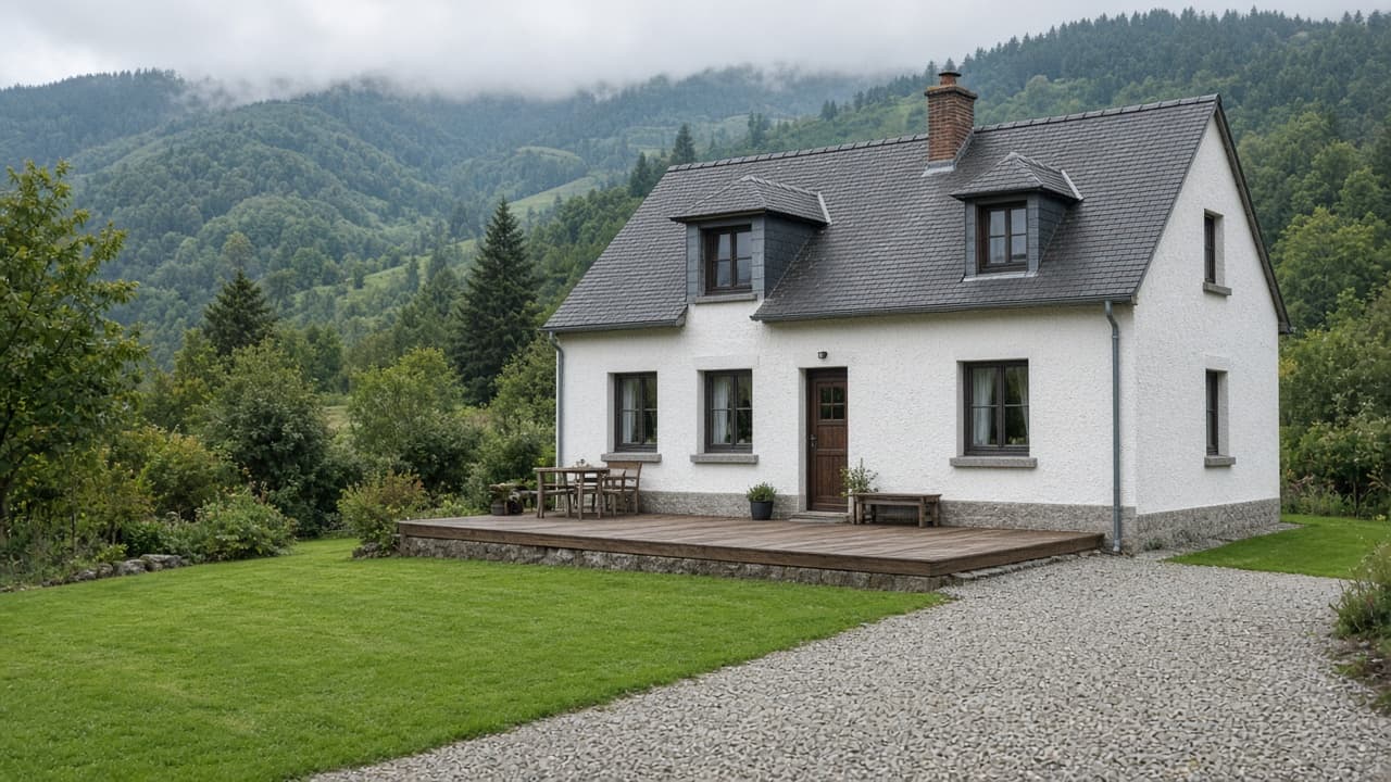 Maison avec pelouse et terrasse bois devant des collines, photo d'illustration