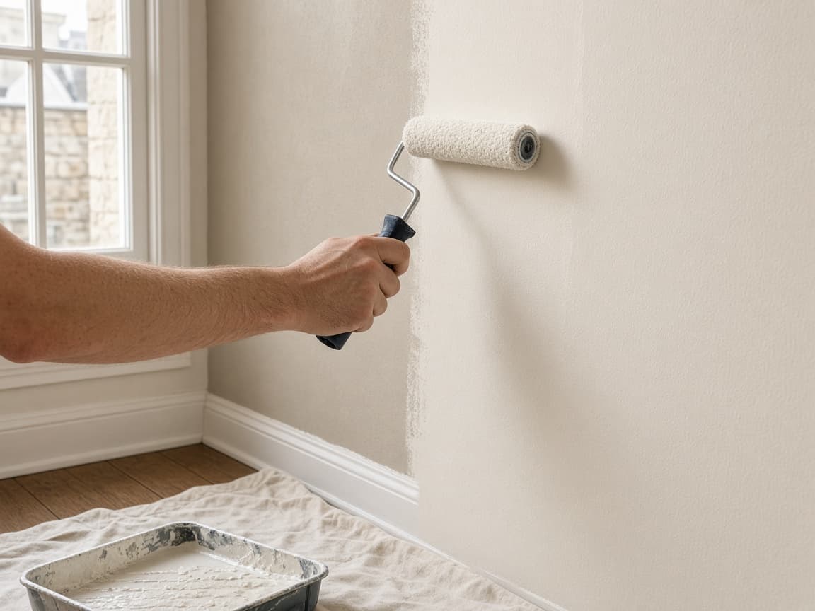 Rouleau de peinture passé sur un mur intérieur, photo d'illustration