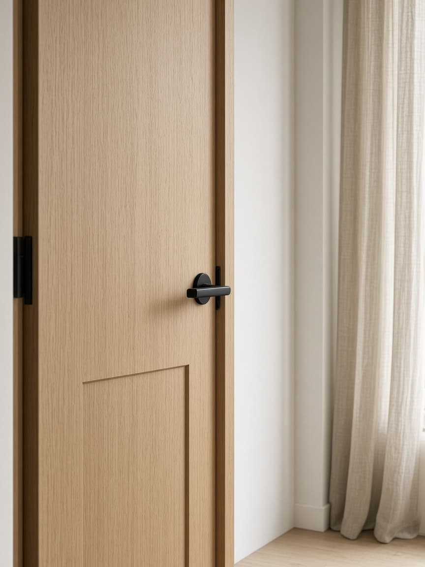 Porte intérieure en chêne avec poignée noire, photo d'illustration