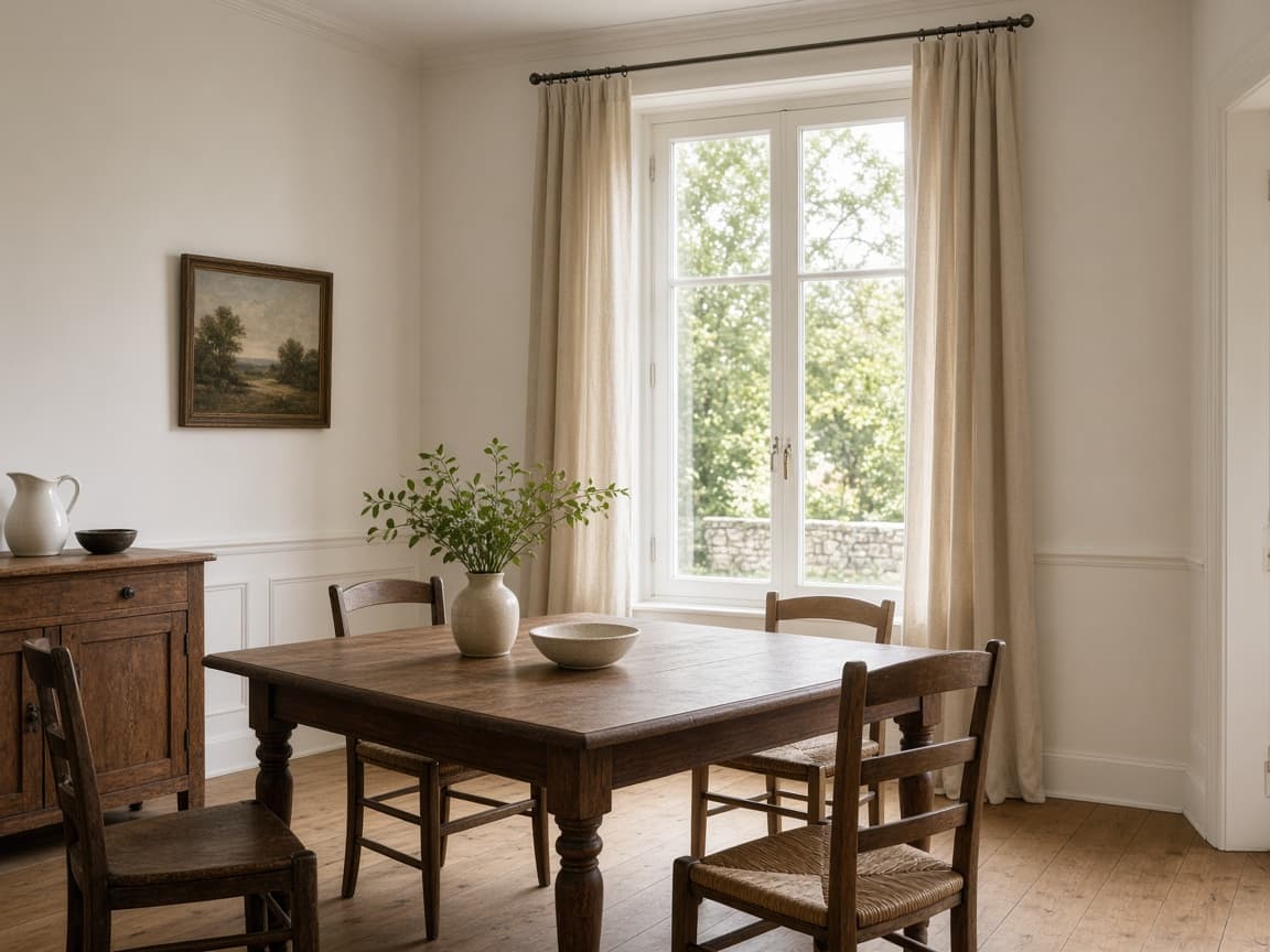 Illustration d'une salle à manger claire, avec une table en bois, photo d'illustration