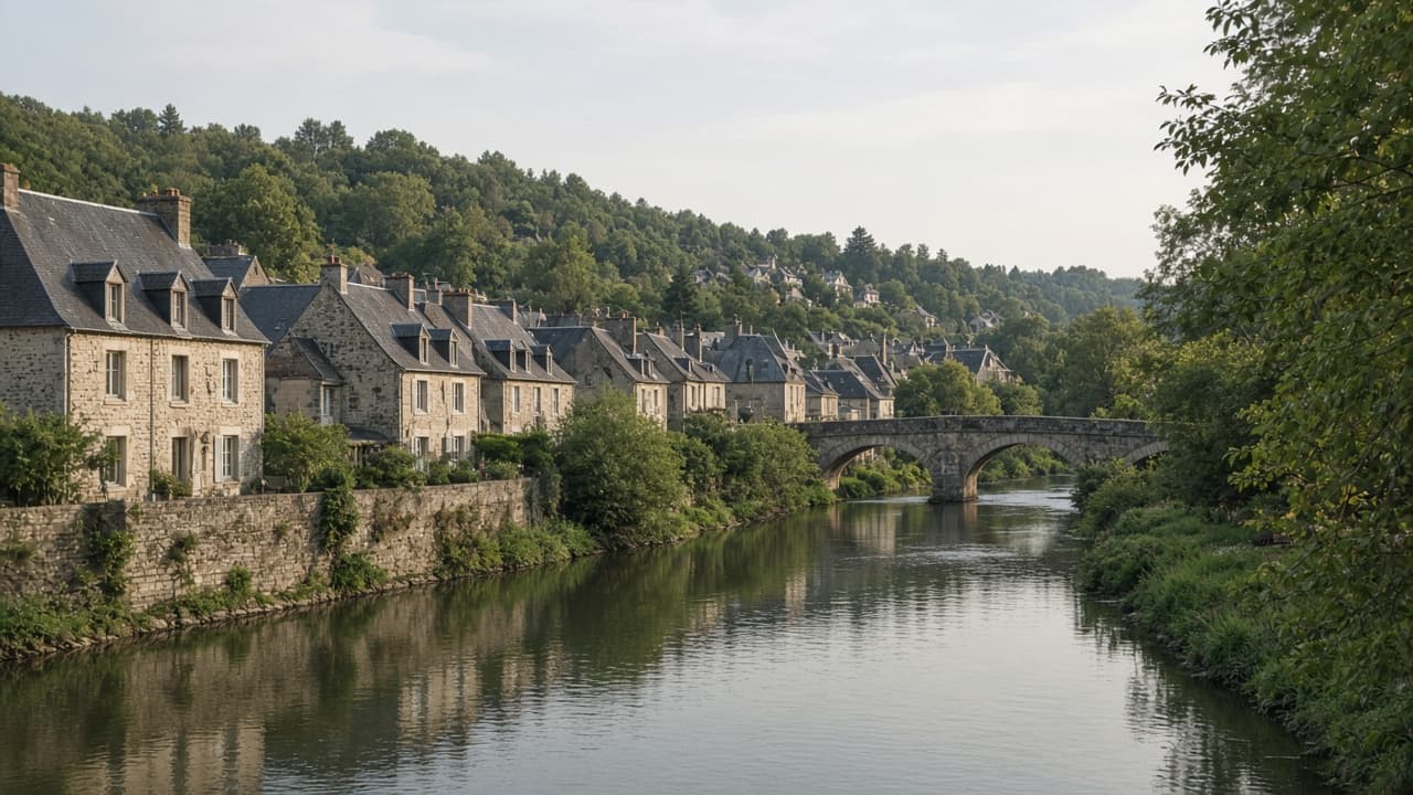Illustration de maisons en pierre le long d'une rivière, photo d'illustration