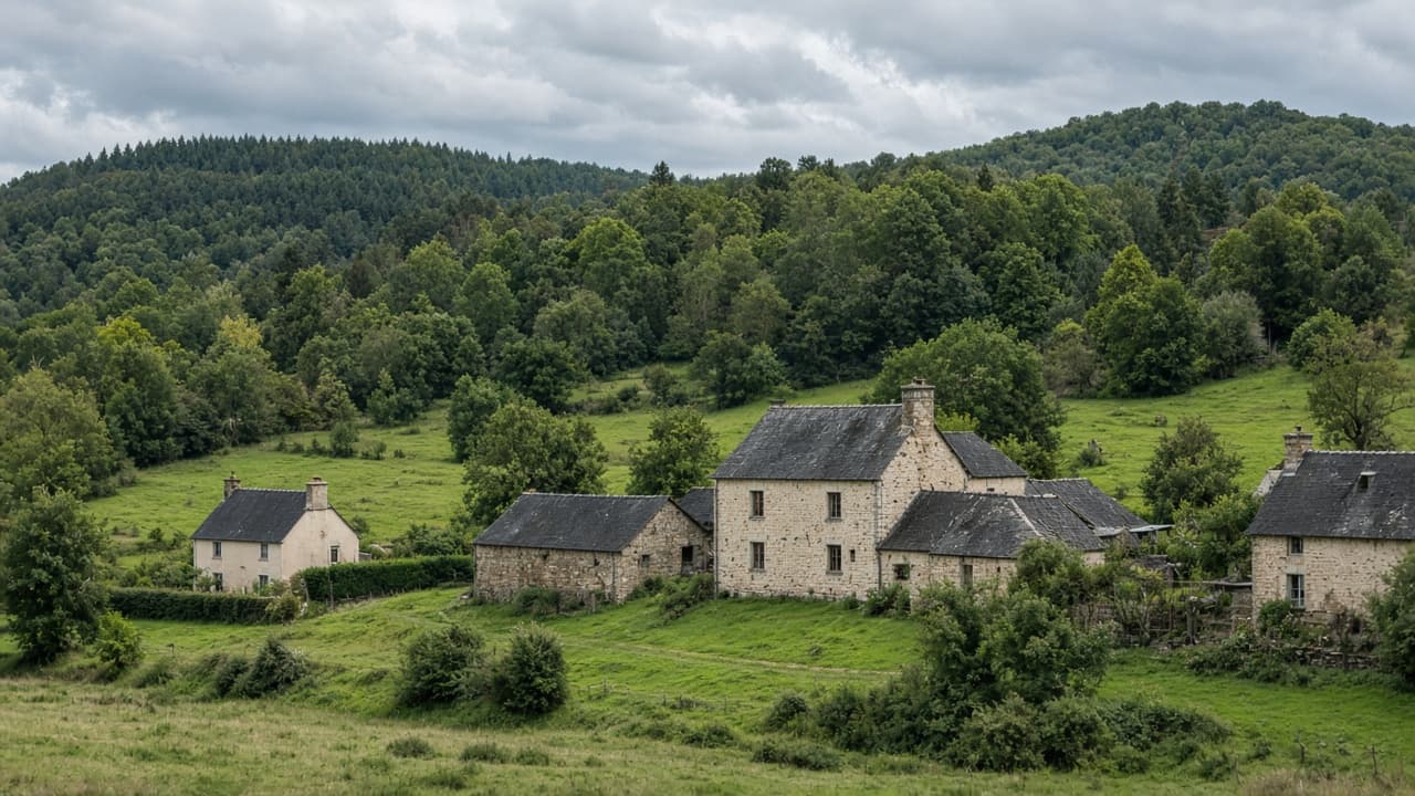 Illustration de maisons en pierre dans des collines boisées, photo d'illustration