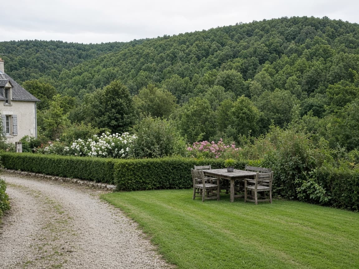 Illustration d'un jardin, d'une haie et d'une table en bois devant une colline, photo d'illustration
