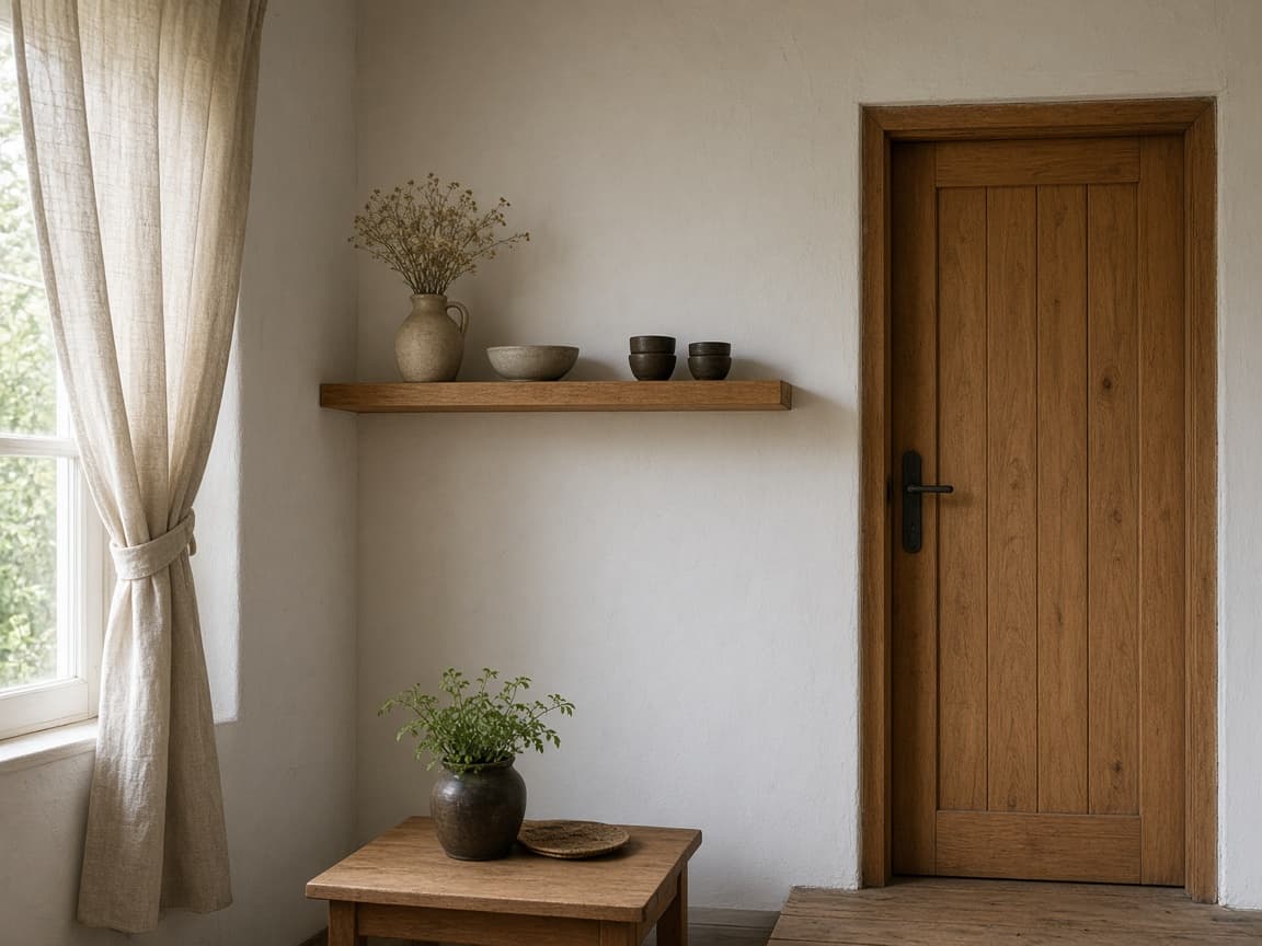 Illustration d'une pièce claire, avec une étagère en chêne et une porte en bois, photo d'illustration
