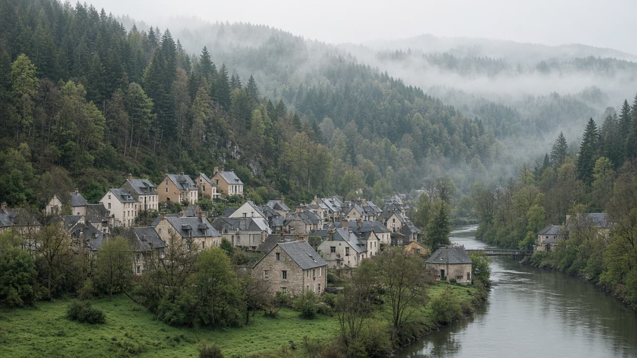 Illustration d'une vallée, de maisons et d'une rivière, photo d'illustration