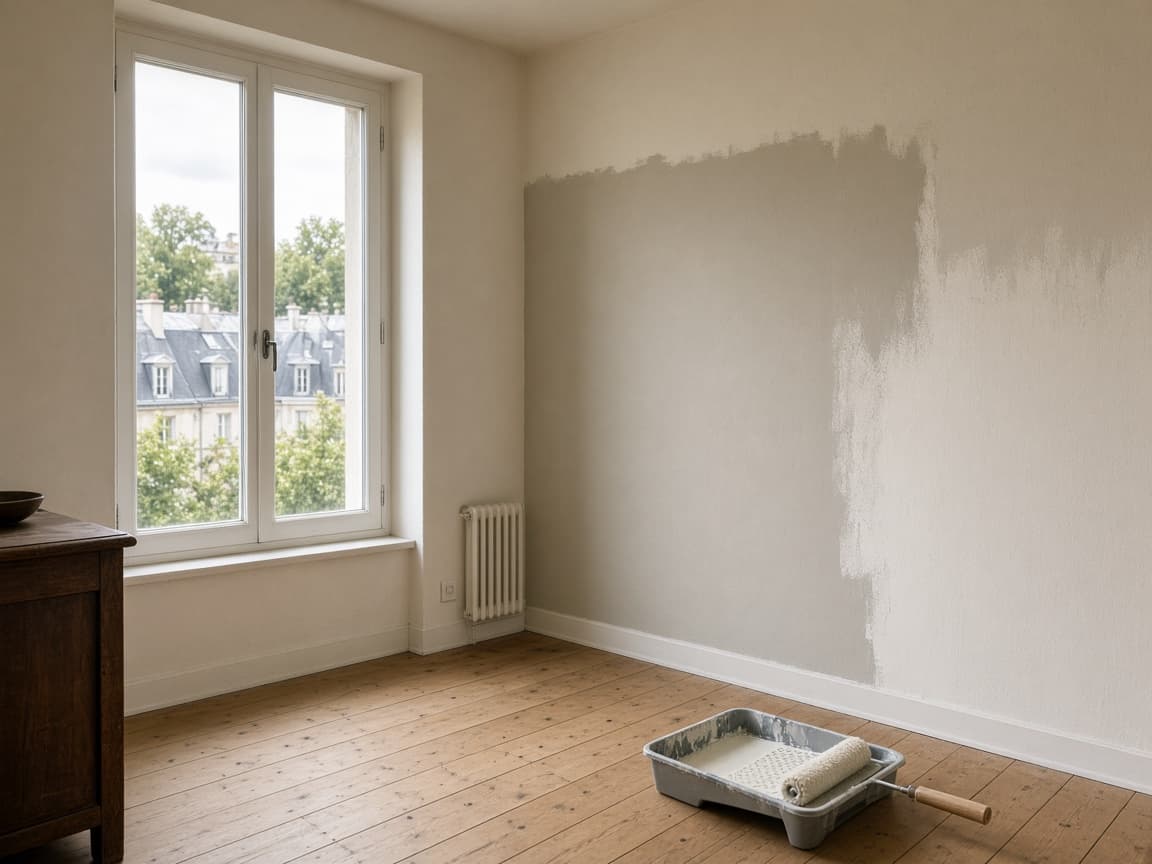 Illustration d'une pièce en cours de peinture, avec un rouleau et un bac, photo d'illustration